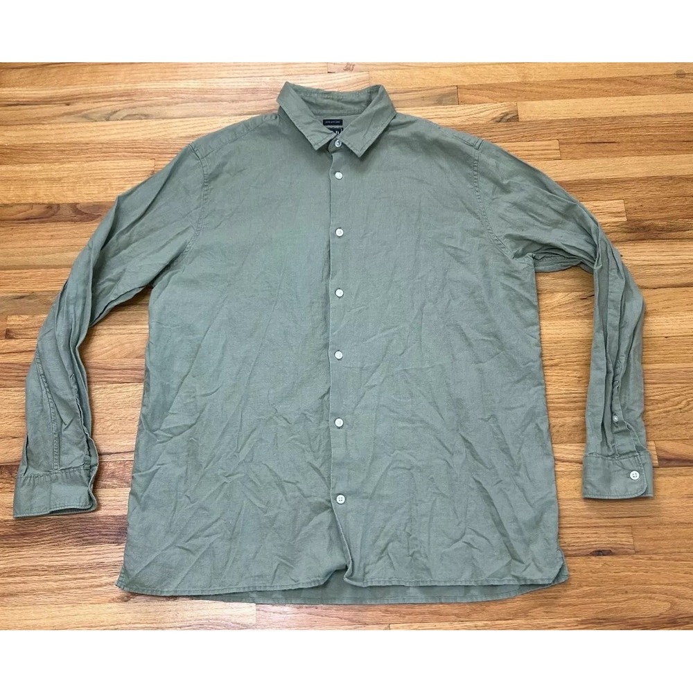 Gap Button‎ Up Shirt Men's XL Green Spread Collared Long Sleeve Linen Blend